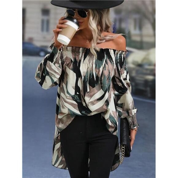 Multicolor Marble Printed Off Shoulder High Low Top Long Asymmetrical Blouse Top - Picture 4 of 6